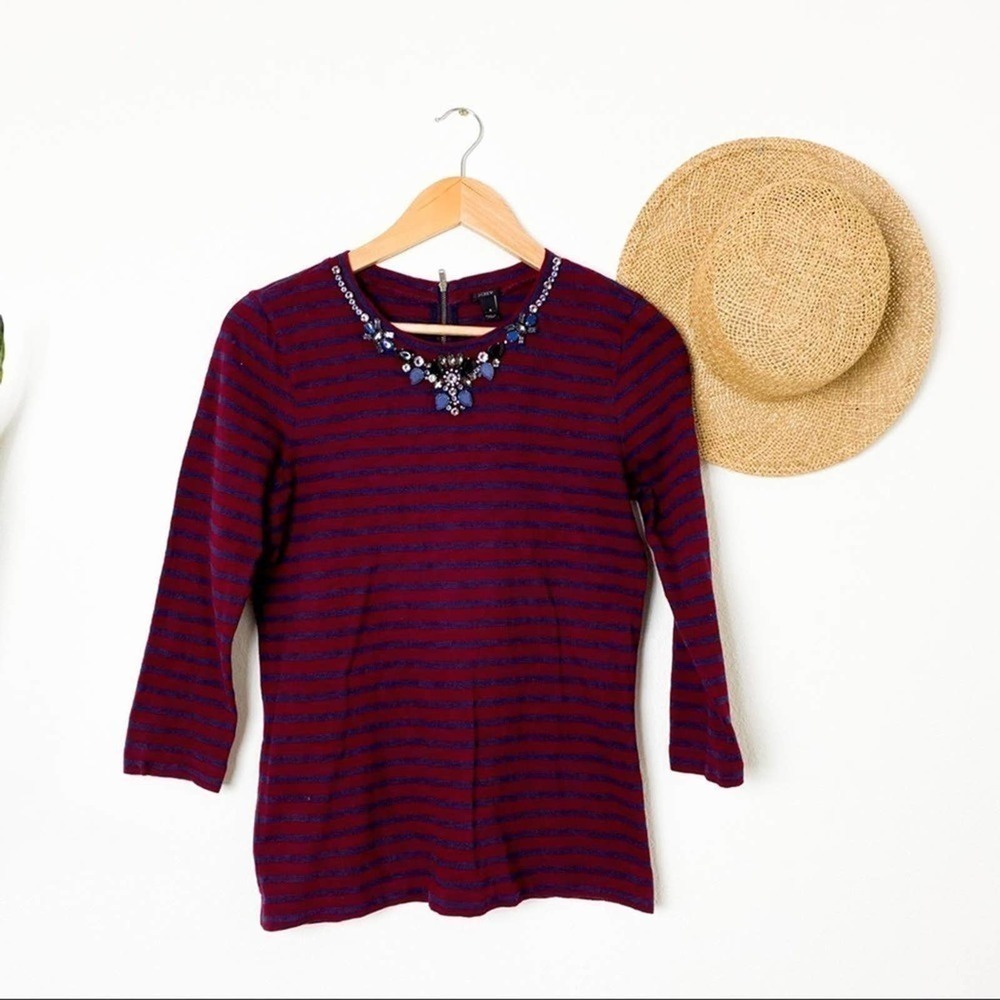 J. Crew Stripe Necklace Tee Maroon Navy 3/4 Sleeve S Small